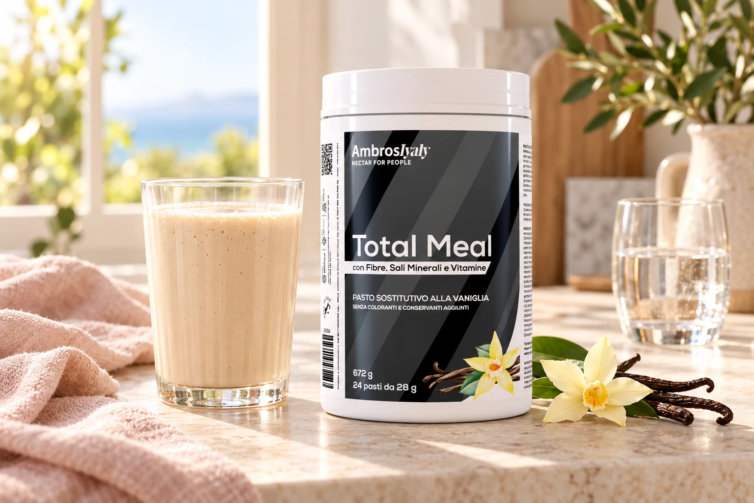Vanilla Total Meal in a bright kitchen beside a glass of prepared drink